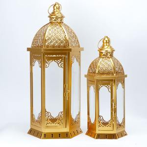 Set of 2 Metal and Glass Lanterns Wood <b>Floor</b> <b>Candle</b> <b>Holders</b> for Home Outdoor Patio or Indoor Living Room Decorative Lighting - Product Image 1