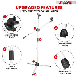 5 Core Mic Stand Floor Height Adjustable <b>Tripod</b> Microphone Stands w Extending Telescoping Boom Arm - Product Image 6