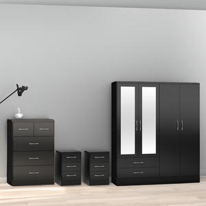 Modern 4 Piece <strong>Bedroom</strong> Sets <strong>Black</strong> <strong>Gloss</strong> Wardrobe Bedside Tables Storage Chest Strong Durable <strong>Furniture</strong> with Mirror - Product Image 1