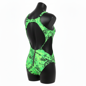ชุดว่ายน้ำผู้หญิง 225 GSM ผ้าโพลีเอสเตอร์ผสมสแปนเด็กซ์ยืดหยุ่นสูง สีเขียวสด แต่งสีดำ พิมพ์ลายโลโก้บนผ้า - Product Image 5