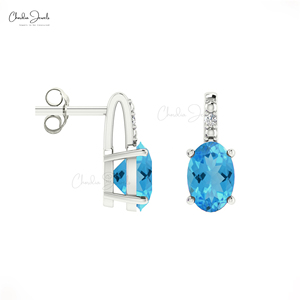 Productos de tendencia para vender 6x4mm Topacio azul suizo 14K Juego de puntas de oro sólido Pendientes de diamantes redondos Distribuidores al por mayor - Product Image 4