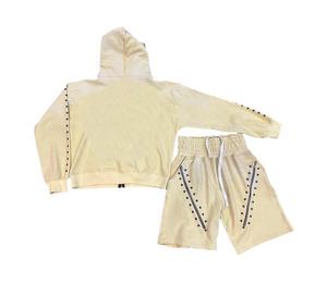 Logo personnalisé délavé à l'acide fermeture éclair strass Streetwear hommes ensemble short et sweat à capuche avec appliques et lettres vieillis zippés ensemble short et sweat pour unisexe - Product Image 4