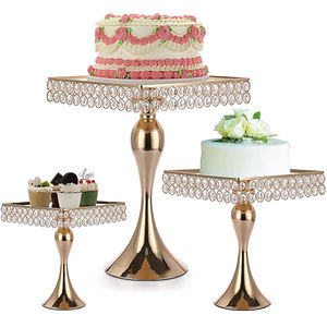 Set of 3 Pcs Shiny Gold Decorative <b>Beaded</b> <b>Mirror</b> Top Cake Stand Square Shape Cupcake Serving & Displaying Pillar Stand - Product Image 1