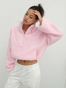 Otoño Invierno cuello alto Sherpa polar grueso Crop Top suéter mujer 360g media cremallera cálida Sudadera con capucha - Product Image 6