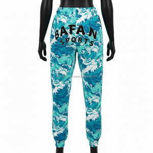 Pantalones deportivos para mujer, mezcla de poliéster GSM, estampado de olas azul océano, cintura con cordón, puños elásticos, logotipo personalizado por sublimación, pantalones para mujer - Product Image 2