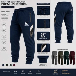 Men Fleece <b>Trousers</b> Jogger Pants <b>Elastic</b> Waistband Zipper Pockets Contrast Panel Casual Training Wear - Product Image 2