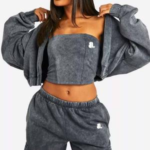 Logo personnalisé Vintage lavage à l'acide 2 en 1 poids lourd hiver sweat à capuche zippé pour les femmes 100% coton - Product Image 3