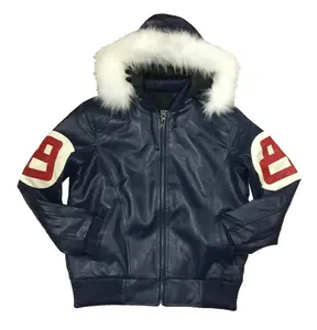 8 Ball Jacket With Fur Hooded Collar Zipper Closure Genuine Soft Lamb Skin 8 Ball Navy Leather Hooded Jacket Wholesale price
