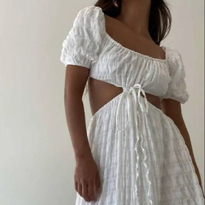 Elegance White Midi <b>Dress</b> <b>Emerald</b> Grace Midi <b>Dress</b> Is Adorned with Puff Details and an Attractive Cutout 100% Cotton comfort - Product Image 1