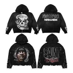 Vintage Streetwear Anti-rides Y2K Strass Français Terry Pull Zip up Perlé Personnalisé Lavé Surdimensionné Hoodies Sweats - Product Image 1