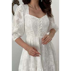Vestido Blanco Bordado con Botones - Blanco - Product Image 4
