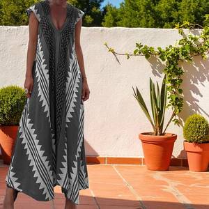 Vestido Veraniego Ligero con Estampado Bohemio, Estilo Swing, Delgado, Natural, para Festivales y Vacaciones, Liso, Teñido, con Botones de Encaje, Ecológico, de Lino/Algodón - Product Image 2