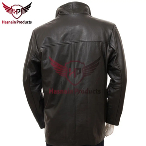 Veste en cuir véritable noir pour homme, mi-longue, col chemise, en cuir de vachette, fermeture boutonnée, poches latérales, coupe classique, chaude, personnalisable - Product Image 5