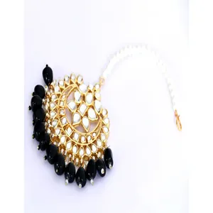 Ensemble de collier de mariée Kundan avec boucles d'oreilles plaquées or et Maang Tikka, bijoux fins pour mariage et cadeaux, couleur noire - Product Image 3