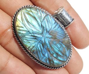 <b>Unique</b> Vintage Labradorite Carving Pendant Designer Gemstone Gold Plated Sterling Silver Jewelry <b>Gift</b> <b>for</b> <b>Her</b> - Product Image 2