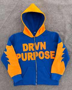 Conjunto Deportivo de Lujo con Capucha y Cremallera en Color Azul y Naranja, Pantalones Deportivos con Estampado Gráfico DRVN PURPOSE, Diseño Holgado - Product Image 3