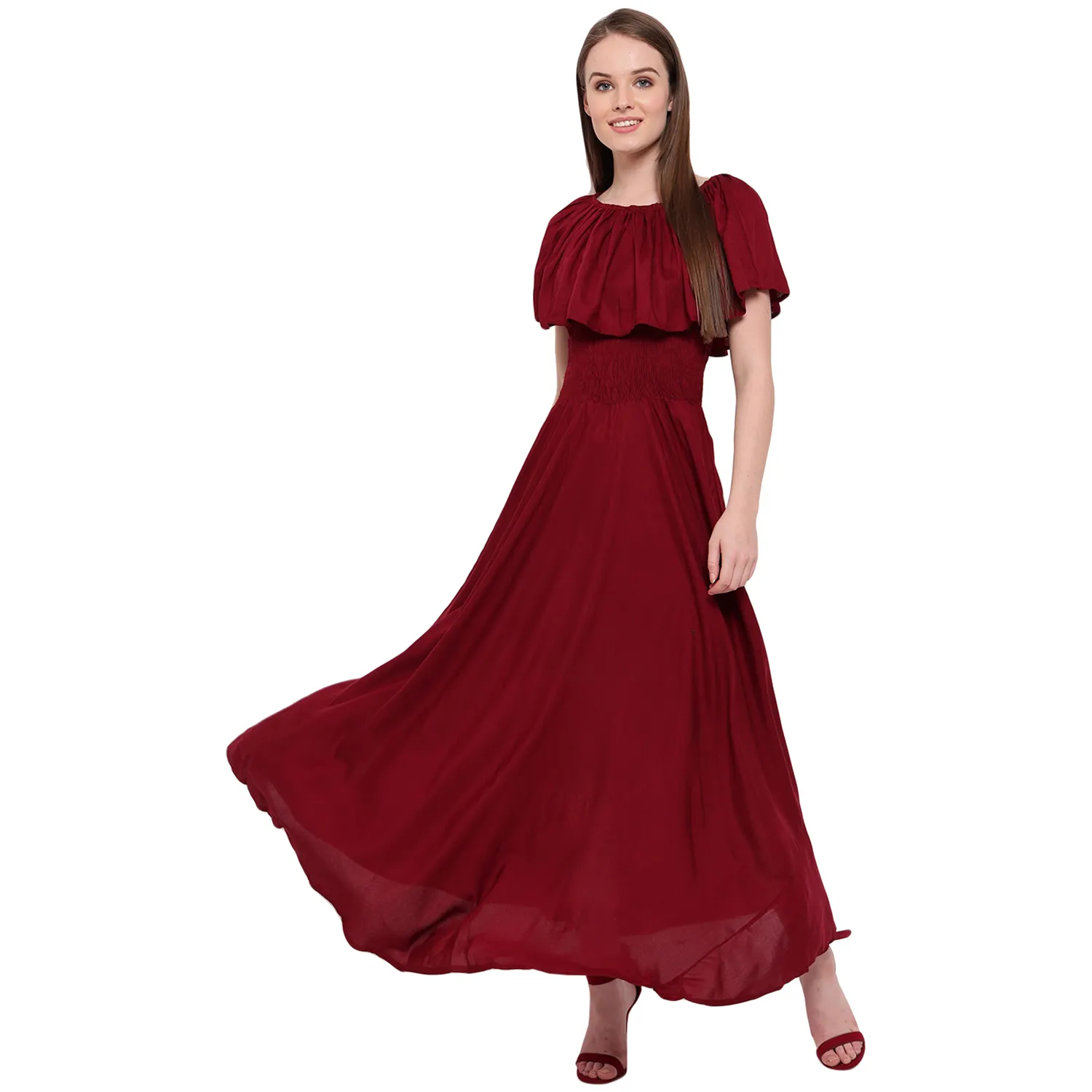 Women's Fit and Flare Solid Rayon Maroon Ruffle Frill Smoked Sleeveless Gown (AM084)