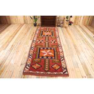 Turkish Rug, <b>Runner</b> 4,1x11,3 ft Vintage Rug, <b>Red</b> Striped Wool Rug - Product Image 1