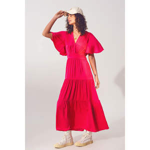 Vestido Maxi Boho con Cuello en V y Detalles Drapeados, Color Fucsia, Transpirable, Cintura Natural, Talla Única XS para Uso Diario y Fiestas, Logotipo Personalizable - Product Image 5