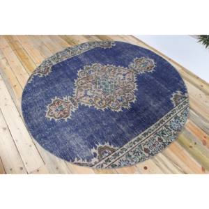 Alfombra Turca, Alfombra Redonda Vintage de 5.9x5.9 pies, Alfombra Geométrica Azul Beige - Product Image 2