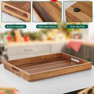 Handmade Acacia Wood Serving <b>Tray</b> with Sturdy Handles for <b>Tea</b>, Snacks, Breakfast, Kitchen & Dining Table Use | OEM Bulk Exporter - Product Image 3