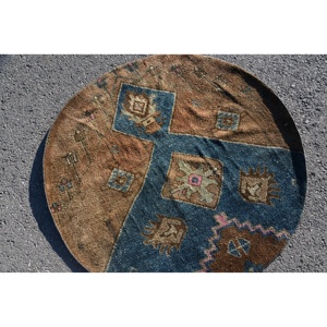 Tapis turc vintage de 4,3 x 4,3 pieds, tapis rond, tapis en laine marron - Product Image 3