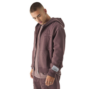Ensemble de survêtement pour homme avec logo personnalisé, sweat à capuche zippé en molleton épais avec motif croisé en relief et pantalon de jogging à coupe décontractée, vente en gros - Product Image 3