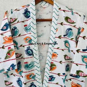 เสื้อคลุมอาบน้ำเด็กพิมพ์ลายบล็อกผ้าฝ้ายน่ารัก ขายส่ง ผ้าฝ้ายพิมพ์ลายบล็อกด้วยมือ ผ้าฝ้ายลายวาฟเฟิล คิโมโนผ้าฝ้าย - Product Image 2