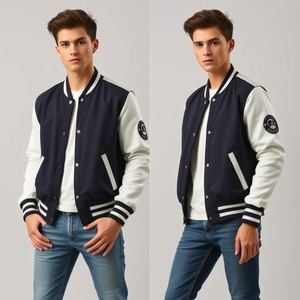 Veste universitaire avec rembourrage épais et chaud à l'intérieur : corps en laine, manches en cuir, logo brodé personnalisé, nouveau style, boutons-pression, vente en gros - Product Image 2
