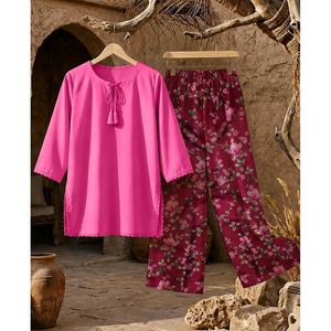 Ensemble coordonné basique Muzang (Pure Lawn) - Hauts décontractés en coton pour le printemps/été avec manches 3/4 - Product Image 1