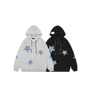 Sudadera tipo cárdigan de otoño para hombre, estilo europeo americano, 100% algodón, transpirable, cuello en V, corte holgado, con estampado de estrellas bordadas y bolsillo. - Product Image 1