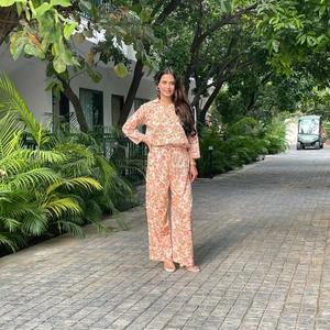 ชุดคอตตอนผสมทรง Co-Ord สำหรับผู้หญิงชุดปักลายเสื้อลำลองและกางเกงขาสั้นสไตล์ Palazzo สำหรับฤดูใบไม้ผลิความยาว