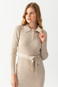 Elegante y cómodo vestido de pana informal para mujer, cuello Polo, mangas de punto, características, patrón de cintura Natural, decoración - Product Image 5