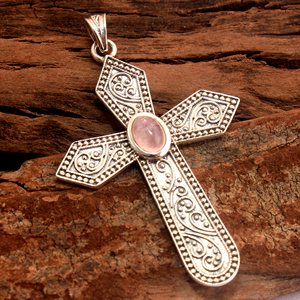 925 <b>Sterling</b> <b>Silver</b> Christian Intricate Antique Inspired <b>Cross</b> <b>Pendant</b> Handcrafted Rose Quartz Gemstone Engagement Wedding Party - Product Image 2