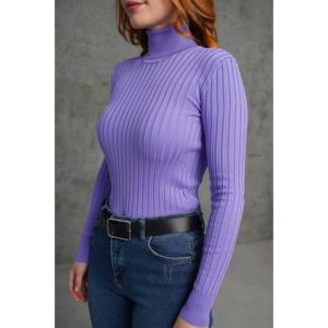 Suéter de cuello alto de punto acanalado para mujer Lustrin, mezcla de poliéster y elastano color lila, talla estándar - Product Image 4