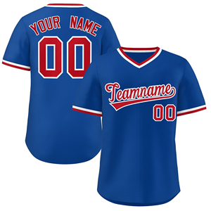 Maillot de baseball bleu roi pour hommes, nom et numéro d'équipe personnalisés, col en V, manches courtes, bordure rouge, uniforme de sport en polyester - Product Image 1