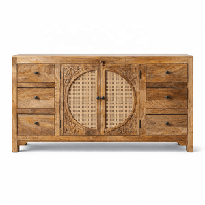 MKJ Solid Mango Wood <b>Sideboard</b> | Rustic Antique Living Room Furniture | Hand Carved Rattan Cane <b>Storage</b> Unit Shutter Doors 5+ - Product Image 1