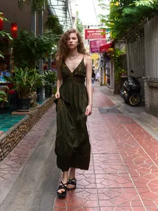 ชุดแม็กซี่เดรสแขนกุดคอวีสีเขียวแบบลำลองสไตล์โบฮีเมียนย้อมสียาวเต็มตัวสไตล์โบฮีเมียนสำหรับวันหยุดผู้หญิงสไตล์ฮิปปี้โบฮีเมียนธรรมชาติ - Product Image 3