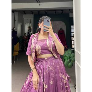 Tussar seda algodón Lehenga blusa Choli estampado Floral Koti cordón pesado borlas Zip costura lienzo hecho a mano indio - Product Image 2