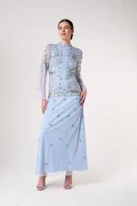 Sky Blue Evening Gown with Full Sleeves Maxi-Length and O-Neck Hand <b>Embroidered</b> Plus Size Formal Wear Anti-Static Dress - Product Image 5