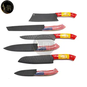 Faca de cozinha Conjunto de 6 Peças com D2 Aço Preto Revestimento Lâminas com EUA Espanha Bandeira Handle e com o Couro Pure Roll Kit