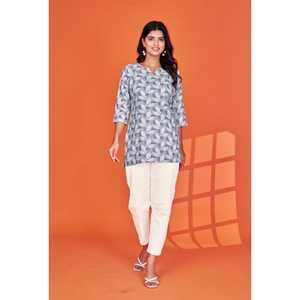 Traditional Style Cotton Blend Quick Dry Embossed Leaf Motif Pattern Print Grey Short Regular Fit All Seasons <b>Kurti</b> for Parties - Product Image 1