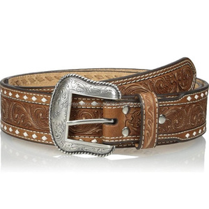 Durable and Comfortable Single Layer Western Leather Tooled Belt Multicolored Beaded Strap Inlay Floral Embossed Antique Buckle - Product Image 5