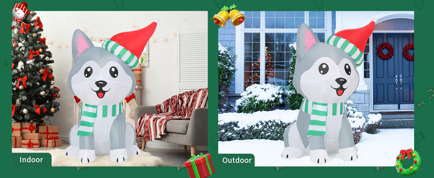 GOOSH 5FT Christmas Inflatable Husky Dog - Outdoor LED Lighted Santa Hat Decorations