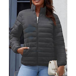 Veste matelassée légère pour femme, fermeture éclair intégrale, col montant, avec 4 poches, doublure en polaire chaude, manteau d'hiver gris foncé - Product Image 4