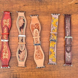 Correas de reloj pintadas con estampado floral occidental de diseño personalizado de cuero genuino hechas a mano, correas de reloj de repuesto bohemias occidentales - Product Image 4