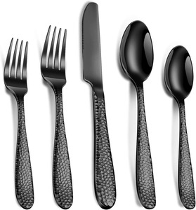 Ensemble de couverts en argent avec poignée gravée à pois noirs pour restaurant de fête de mariage à manger moderne et cadre de table élégant - Product Image 1