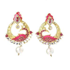 Kriaa Meenakari Pendientes de pavo real de piedra austriaca chapados en oro Pendientes de aro finos - Product Image 1