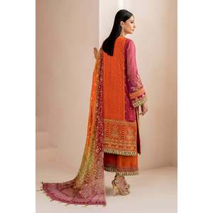 Ensemble de costume 3 pièces en mousseline de soie brodée orange pour femmes UF-706 (100% polyester) - Product Image 2