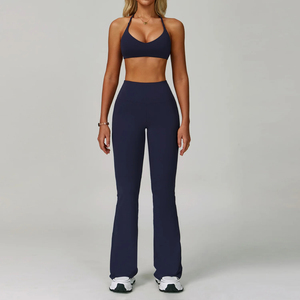 Ensemble de yoga 5 pièces grande taille : Leggings sans couture, soutien-gorge de sport, bretelles croisées unies, col en V, taille élastique, tissu extensible, personnalisable - Product Image 1